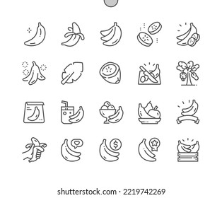 Banana fruit. Healthy food. Whole and cut banana. Food shop, supermarket. Menu for cafe. Pixel Perfect Vector Thin Line Icons. Simple Minimal Pictogram