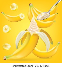 Banana Fruit Ice Cream with Ice Cream Scoop.illustration vector