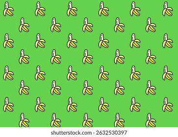 A banana fruit illustration pattern with green background, food packaging, menu illustration hand drawn print ads, food business, farm