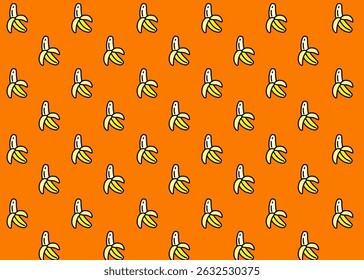 A banana fruit illustration pattern with orange background, food packaging, menu illustration hand drawn print ads, food business, farm