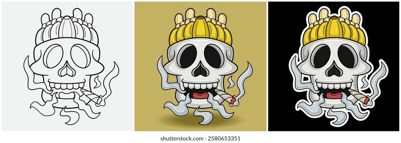 Banana Fruit Inside Skull Head With Smoking Character Cartoon. Black White, Colorful and Sticker Style. For T shirt print, Brand Logo, Label and Mascot product. Vectors Illustrations