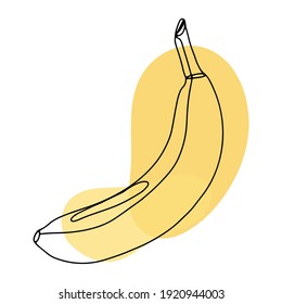 Banana fruit isolated on white background in line art style, doodle. Lines and abstract spots, leaves. Vector illustration drawn by hands in one line.