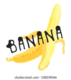Banana fruit label and sticker. Vector illustration in watercolor style, for graphic and web design