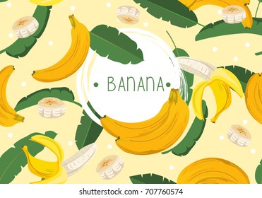 Banana Fruit With The Leaves Pattern. Plaintain Yellow Background Pattern. Tropical Vector.
