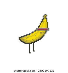 Banana fruit mecha robot figure pixel art, 8 bit character. Isolated vector illustration