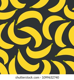 Banana fruit pattern on dark. Bright beautiful seamless background. Vector illustration in flat. Summer cartoon background