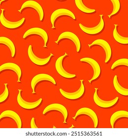 Banana fruit pattern with shadows on a red background. Creative fruits food repeat pattern abstract wallpaper. Vector illustration