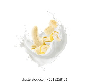 Fruta de plátano y yogur de leche realista salpican la onda del remolino. Bebida de Vector 3D con leche de plátano o yogur con salpicaduras cremosas. Producto lácteo con esencia de fruta tropical madura y gotas salpicantes dinámicas