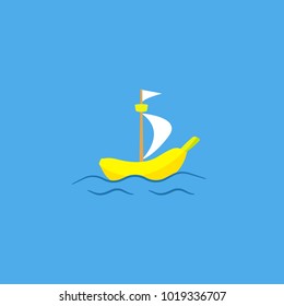 Banana fruit sail ship sailing on sea. Funny and unique banana cartoon logo illustration