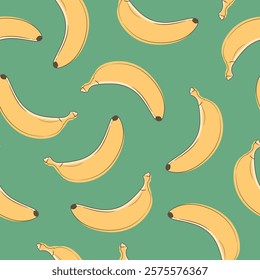 Banana fruit seamless pattern. Bananas on green background. Vector illustration