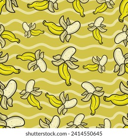 Banana Fruit Seamless Pattern in Cartoon Style. Perfect For Background, Backdrop, Wallpaper and Cover Packaging. Vector Illustration.