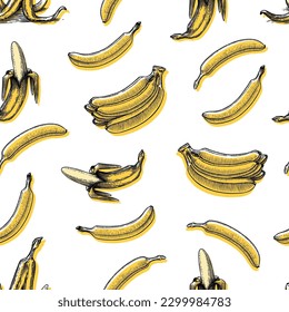 Patrón sin fisuras de fruta bananera. Mano dibujada con tinta de estilo vintage. Diseño gráfico lineal. Platos vegetarianos detallados. Ilustración vectorial para etiqueta, afiche e impresión