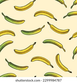 Banana fruit seamless pattern. Hand drawn with ink in vintage style. Linear graphic design. Detailed vegetarian food. Vector illustration for label, poster, print