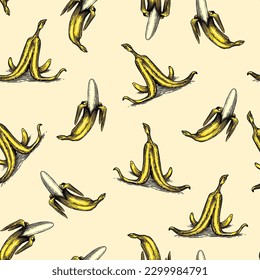 Bananenfrucht nahtloses Muster. Handgezeichnet mit Tinte im Vintage-Stil. Lineares Grafikdesign. Detaillierte vegetarische Speisen. Vektorgrafik für Beschriftung, Plakat, Druck