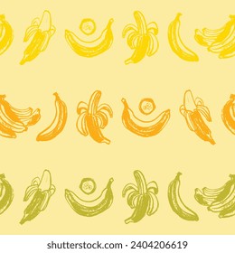 Banana fruit seamless pattern with hand drawn bananas on yellow background. Vector illustration. Banana chocolate label template design.