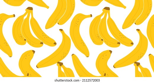 Banana fruit seamless pattern illustration in modern flat cartoon style. Natural food background. Healthy eating concept, organic summer fruits backdrop.
