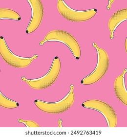 Patrón sin fisuras de fruta de plátano en estilo pop art. Bananas decoradas con puntos sobre fondo rosa. Ilustración vectorial