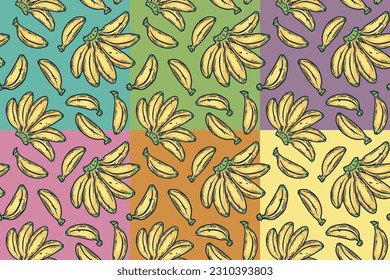 Banana fruit seamless pattern set for summer background. Vector eco nature exotic collection for food design