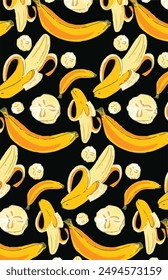 Banana Fruit Seamless Pattern,Seamless banana pattern illustration, black background.