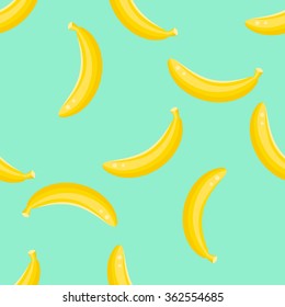 Banana fruit seamless vector pattern. Yellow banana food background on green mint.