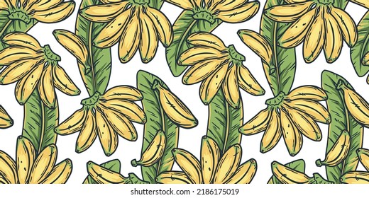 Banana fruit summer exotic wallpaper design. Seamless bright yellow bananas fruits pattern