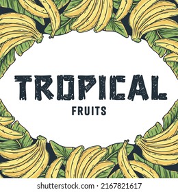 Banana fruit summer poster with text area. Tropical flowers and leaves