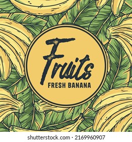 Banana fruit summer poster with text area. Tropical flowers and leaves