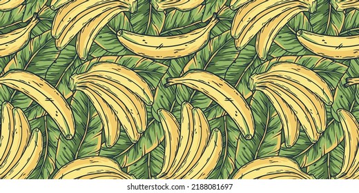 Banana fruit summer seamless pattern wallpaper. Fresh yellow bananas