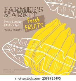 Banana fruit. Trendy square banner, background, cover, poster, flyer for a farmers market. Design template Hand-drawn sketch food to the harvest fair. Vector illustration for social media and AD.
