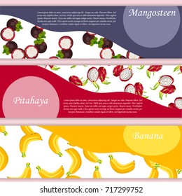 Banana fruit vector illustration. Vector square label or banner, banana, pitahaya, mangosteen jam, sauce or juice label on a pattern background. Groccery store or market poster