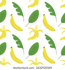 Banana fruits and banana leaves hand drawn seamless pattern. Peeled banana fruits. Vector illustration in cartoon style. Tropical fruit.