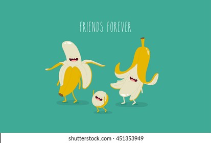 banana funny family. Vector illustrations. Friend forever. Use for card, poster, banner, web design and print on t-shirt. Easy to edit. Vector illustration.