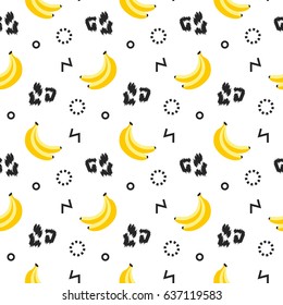 Banana geometric seamless pattern in 80s, 90s style. Modern print, isolated on white. Wrapping paper, cards, posters, banners designs. Vector illustration