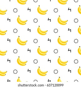 Banana geometric seamless pattern in 80s, 90s style. Modern print, isolated on white. Wrapping paper, cards, posters, banners designs. Vector illustration