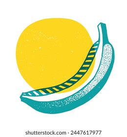 Banane mit geometrischer Form. Bunte niedliche Siebdruckeffekt. Riso-Druck. Vektorillustration. Grafisches Element für Druck