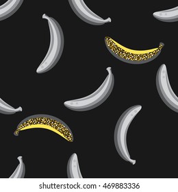 Banana with glitter accents seamless vector pattern. Grey banana food background on black.