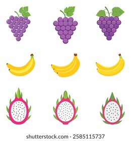 banana, grape, dragon fruit vector looks delicious with white background