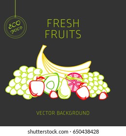 Banana, grapes, apple, pear, strawberry, kiwi, avocado, grapefruit, fruit set, vector background, fresh fruit, healthy diet, greeting card