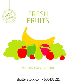 Banana, grapes, apple, pear, strawberry, kiwi, avocado, grapefruit, fruit set, vector background, fresh fruit, healthy diet, greeting card