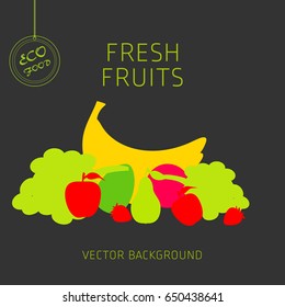 Banana, grapes, apple, pear, strawberry, kiwi, avocado, grapefruit, fruit set, vector background, fresh fruit, healthy diet, greeting card