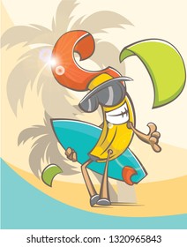 banana guy with surf board on the beach