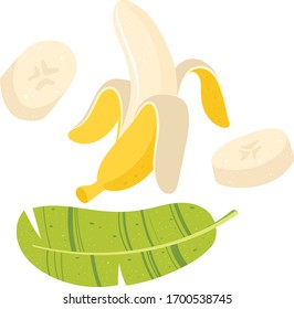 Banana with half, slices and leaves isolated on white background.