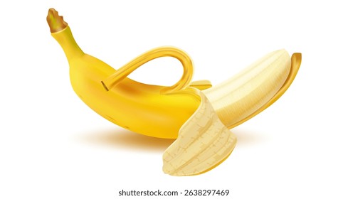Banana. Half-peeled, with partially removed skin and light pulp. Realistic peel and flesh texture. Suitable for web design collages, websites, print, marketing, and food product applications