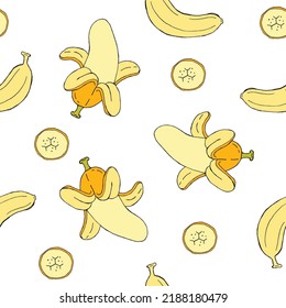 Banana hand drawing cartoon for kids. Children fabric background, prining paper warp.