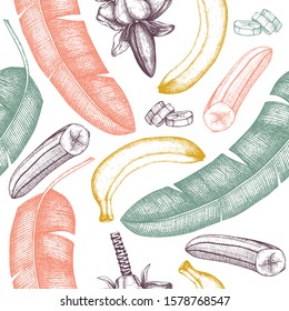 Banana hand drawn background. Banana flower, fruits, palm tree leaves seamless pattern. Tropical fruits vector drawings. Exotic plant vintage sketch. In engraved style. Healthy food backdrop. 