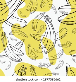 Banana hand drawn seamless pattern with yellow parts on the white background for textile, print, background, highlights. Vector illustration