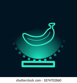 Banana hologram display. Vector illustration banana digital design with a light projector. Fruit in holographic icon style.
