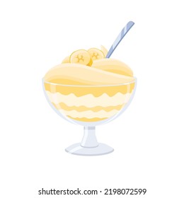 Banana Ice cream dessert in a transparent glass with a spoon. Cartoon vector illustration of a yellow cream dessert. Sweet creamy food.