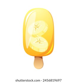 Banana ice cream, fruit popsicle on a wooden stick with banana pieces. Summer cold dessert, frozen juice, fruit ice. Vector illustration.