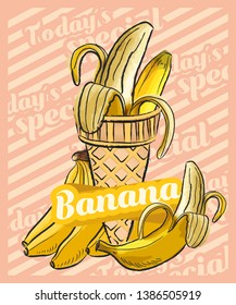 Banana ice cream scoop in cone. Vector sketch illustration. Fruit ice cream idea, concept